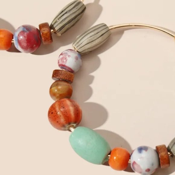 Bohemian Gold Hoop Green Orange Wooden & Ceramic Beads Earrings NEW - Picture 2 of 5